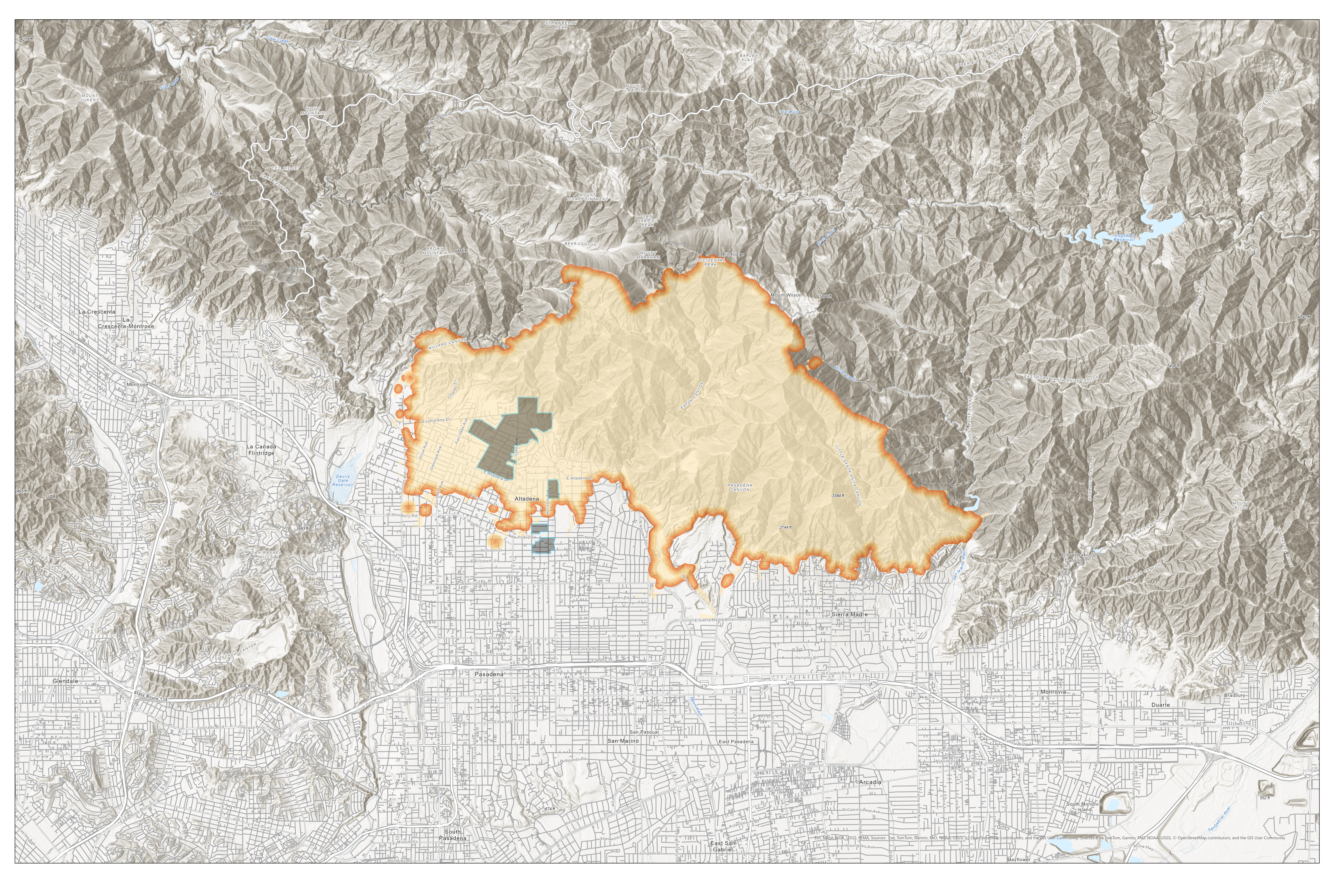 Eaton Fire perimeter map — Altadena, Pasadena area